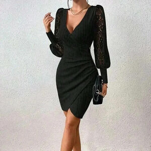 Black Elegant Women's Solid V-Neck Fitted Sexy Long Sleeve Bodycon Mini Dress
